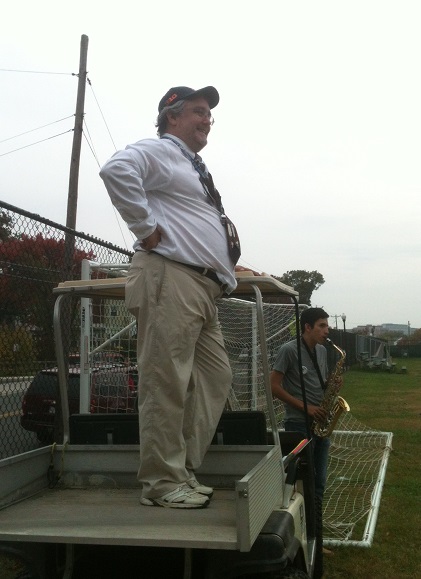 Mr. d’Alelio and Byron Gomez '15 watch the band practice before the Mid-Atlantic States Championships at the beginning of this month.