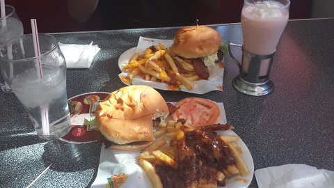 The fries, burger, and shake make for a great date at Johnny Rockets.