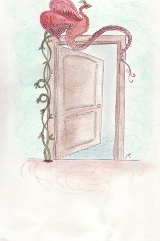 Walk through the door, even if there is a pink peacock hovering over it.