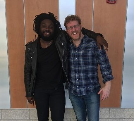 Jason Reynolds and Brendan Kiely pose outside of the auditorium right after their presentation.