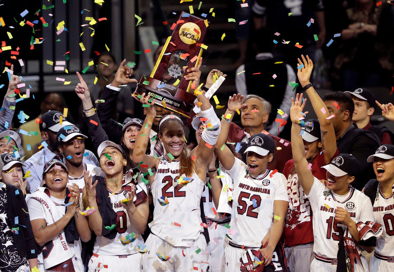 South Carolina celebrating after beating Mississippi State in the Womens Basketball Championship!