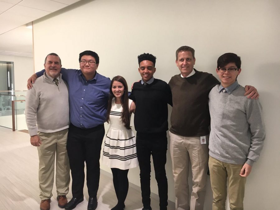Mr. Beitler, Dr. Willmore and the three Posse winners photo graphed with senior Jose Pomaraino who was the Quest Brige Winner. (He won a full ride to Columbia.)