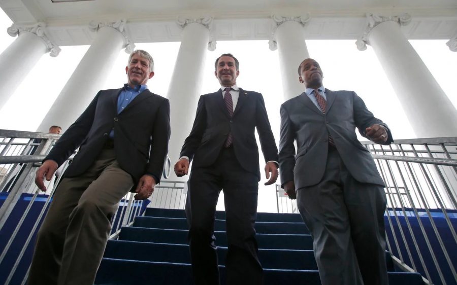 Virginia Attorney General Mark Herring (left), Governor Ralph Northam (middle), Lieutenant Governor Justin Fairfax (right) walking down the stairs together.